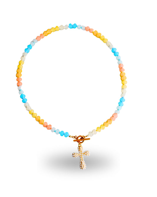 Peach Pearl Cross Beaded Necklace